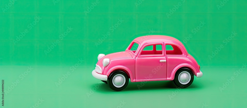 Poster miniature pink vintage toy car displayed on a green background with room for text or other elements 