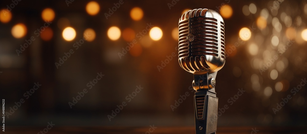 Poster elegant vintage microphone displayed on a dark table against a bright backdrop symbolizing vlogging 