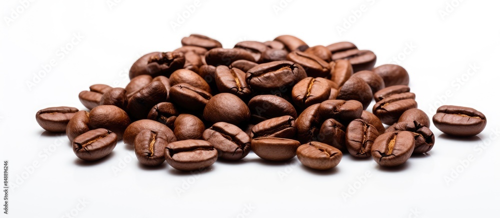Poster close up view of coffee beans on a white background with copy space image