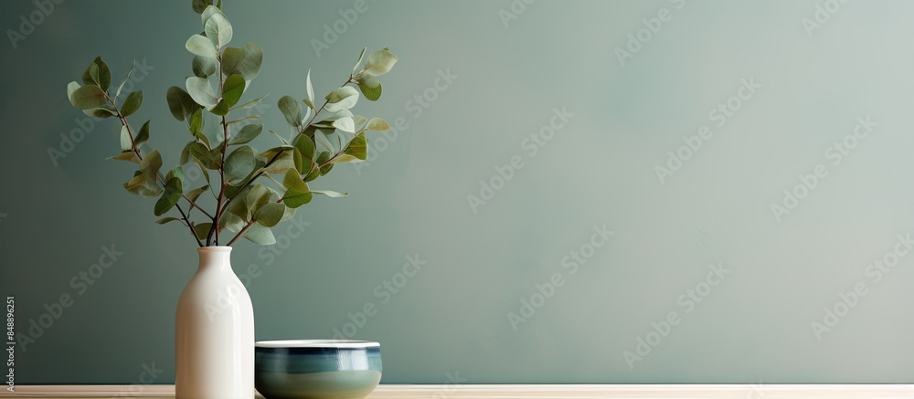 Poster room interior design with a vase displaying fresh eucalyptus branches on a table providing a serene 
