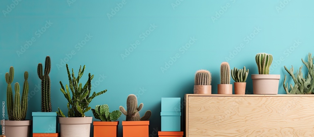 Poster cactus next to patterned boxes on wooden table in room with poster on wall suitable for copy space i