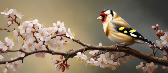 Fototapeta premium A solitary goldfinch Carduelis carduelis perched on a blooming branch with copy space image