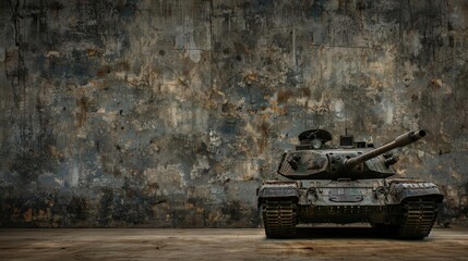 A military tank sits in front of a concrete wall