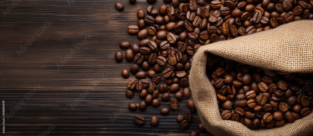 Poster Top down view of burlap bag filled with roasted coffee beans with space to add text or graphics in the image. Copy space image. Place for adding text and design