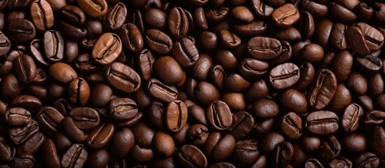 Fototapeta premium Roasted coffee beans texture is shown in the image with copy space