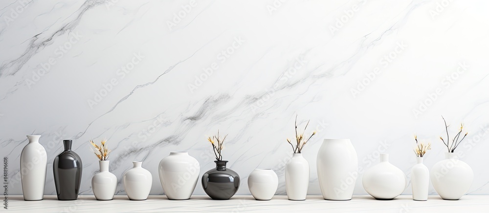 Poster chic empty ceramic vases displayed on a white marble table with copy space image