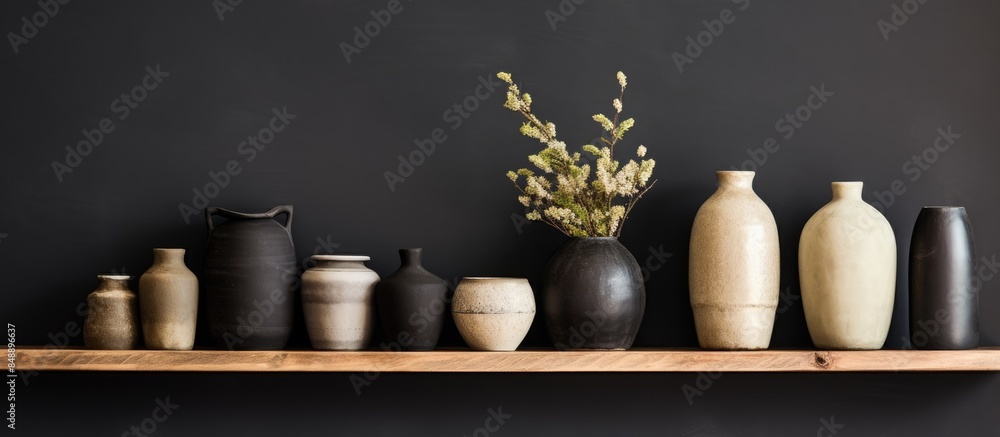 Poster neutral colored vases with wood sticks are displayed on a distressed wooden shelf set against a roug