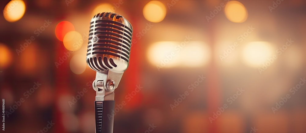 Poster close up of a vintage microphone on stage with the auditorium in the background highlighting copy sp