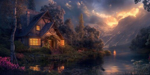Mysterious fantasy house in a dark forest, illuminated by moonlight and magic.
