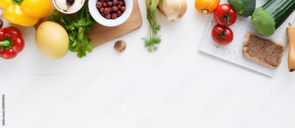 Poster view from above of a nutritionist s consultation table equipped with tools for physical and health a