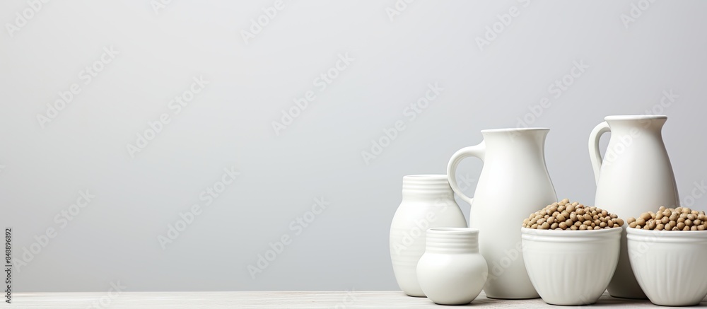 Poster clean pottery containers for milk or beans on a white and gray background with ample copy space imag