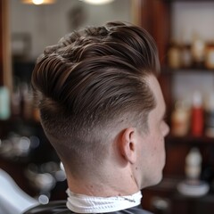 Fototapeta premium A man sporting a classic pompadour with a high fade, captured in a stylish barbershop interior.