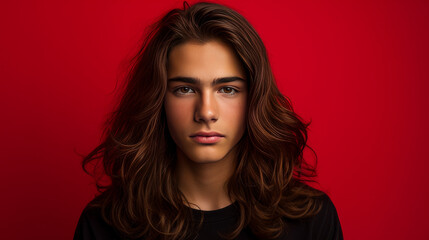 Fototapeta premium Happy cheerful young latino generation z. Smiling funny ethnic cool generation z teenage student with long hair, red background.