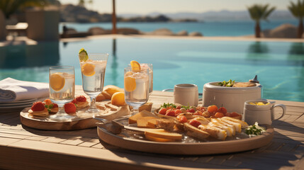 Enjoy a luxurious floating breakfast in a tropical resort's swimming pool. Delight in a healthy breakfast and fruit plate with a stunning ocean view, embodying tropical beach luxury lifestyle.
