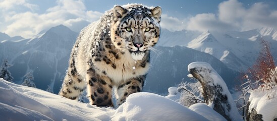 A snow leopard with a majestic presence in the snow covered mountain setting creating a picturesque scene with copy space image
