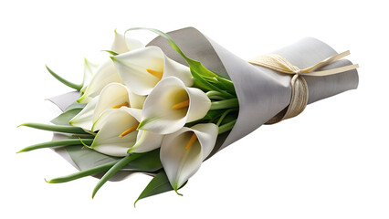 a bouquet of white calla lilies with green stems, elegantly wrapped in gray paper and secured with a golden-yellow ribbon © arri