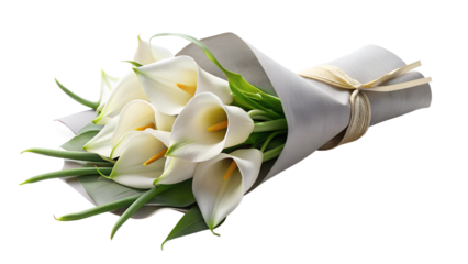 a bouquet of white calla lilies with green stems, elegantly wrapped in gray paper and secured with a golden-yellow ribbon