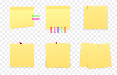 Vector set of yellow notes png. Paper notes with paper clip, pushpin, adhesive sticker png.