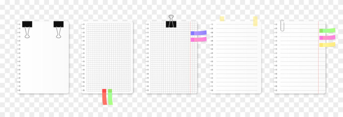 Vector set of notebook sheets png. Notebook sheets with a paper clip, push pin, adhesive sticker png.