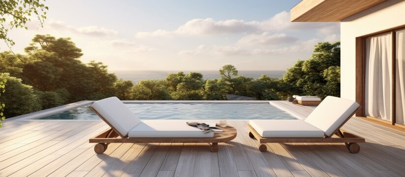 Modern villa pool and deck with wooden lounge chairs providing a serene ambiance and a perfect spot for relaxation with a copy space image