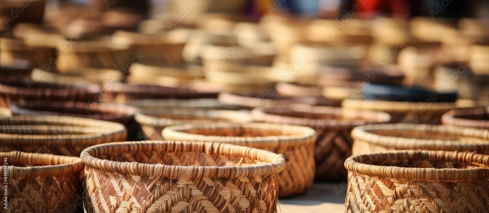 Poster handcrafted wicker baskets displayed with empty area for text at market. copy space image. place for