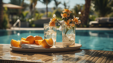 Fototapeta premium Enjoy a luxurious floating breakfast in a tropical resort's swimming pool. Delight in a healthy breakfast and fruit plate with a stunning ocean view, embodying tropical beach luxury lifestyle.