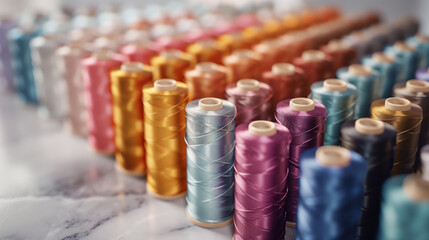 Close-up of various colorful spools of thread arranged in rows on a marble surface, showcasing a vibrant spectrum..