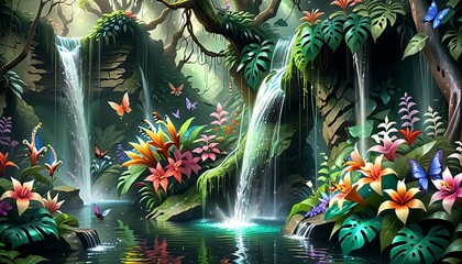 A hidden waterfall in a mystical fores