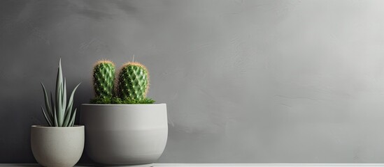 A gray room with a decorative pot containing a cactus in it providing an aesthetic touch to the room and ideal for a copy space image
