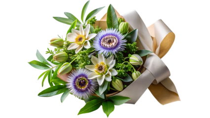 a vibrant bouquet of passion flowers wrapped in brown paper texture on isolated background