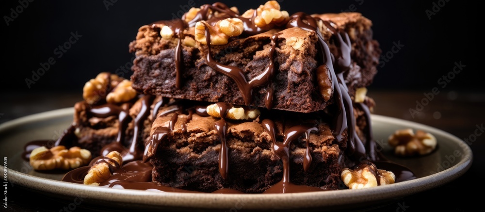 Aufkleber stack of chocolate walnut brownies with a gooey melted chocolate topping on a plate with copy space 