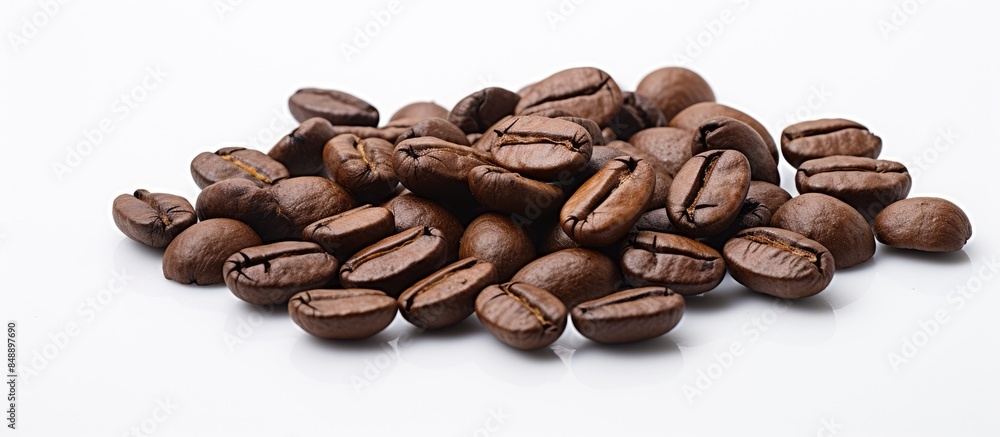 Poster close up view of coffee beans on a white background with copy space image