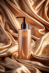 Naklejka premium A bottle of shower gel stands against a backdrop of rose gold silk