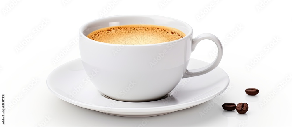 Poster white cup with hot coffee isolated on a white background with a clipping path for inserting a copy s