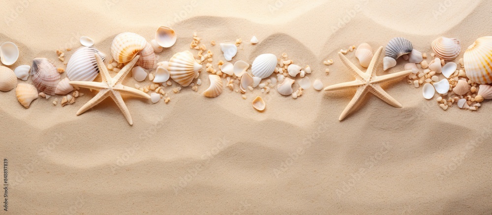 Poster sandy beach from above with seashells and starfish ideal for summer design with copy space image
