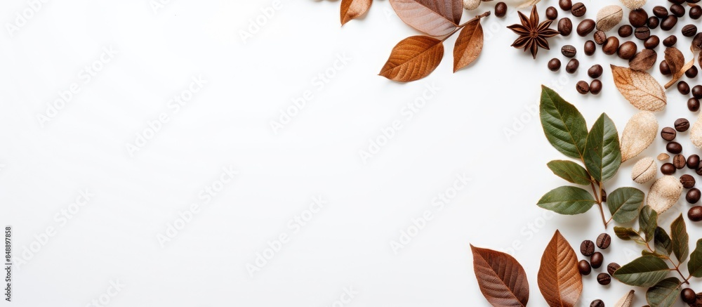 Poster Isolated white background with coffee leaves copy space image