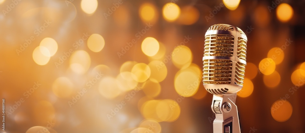 Poster close up view of a stunning golden microphone with a soft focus background creating bokeh effect per