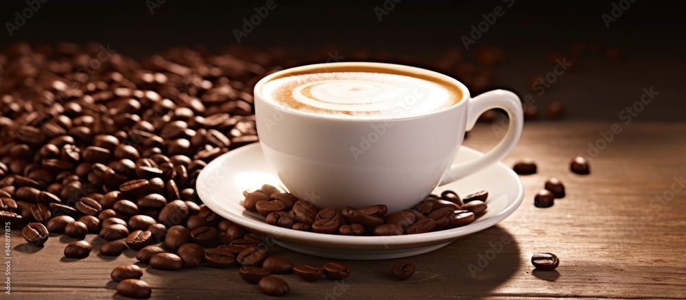 Poster an image featuring a cup of latte coffee with coffee beans on a white background suitable for adding