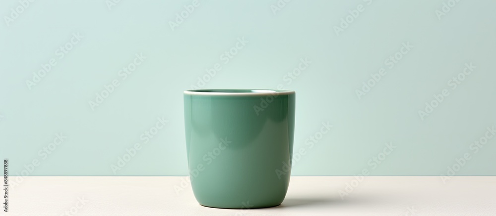 Poster handcrafted green ceramic cup displayed on a blank white surface offering a simple aesthetic with pl