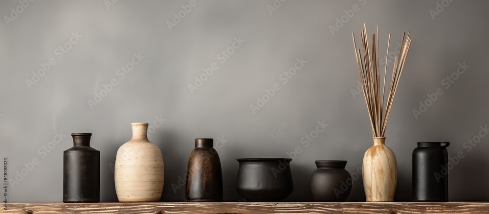 Poster neutral colored vases with wood sticks are displayed on a distressed wooden shelf set against a roug