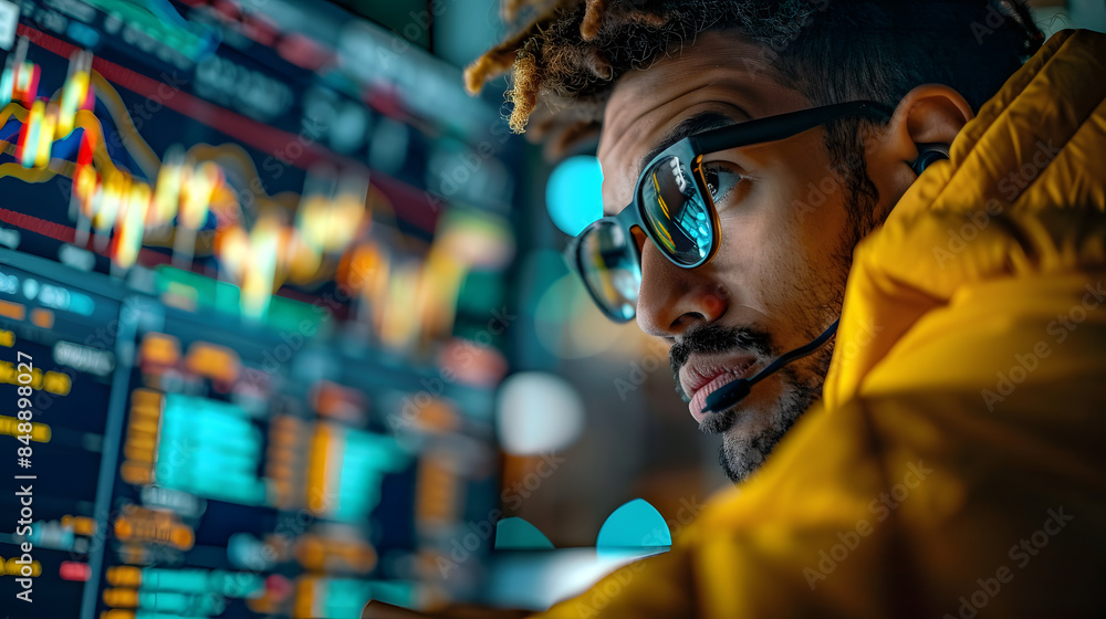Poster a man wearing glasses is looking at a computer screen with a lot of numbers on it. he is wearing a y