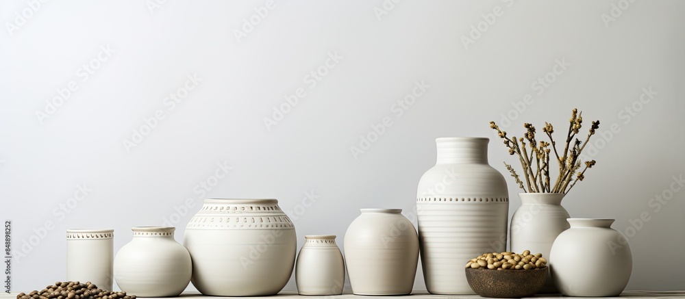 Poster clean pottery containers for milk or beans on a white and gray background with ample copy space imag