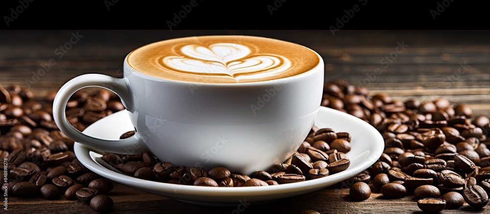 Poster an image featuring a cup of latte coffee with coffee beans on a white background suitable for adding