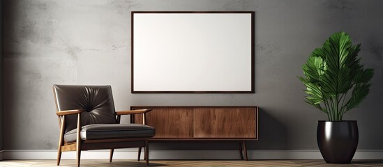 Sleek living room decor with a poster frame chic accessories and copy space on a wooden commode Template in a genuine photo