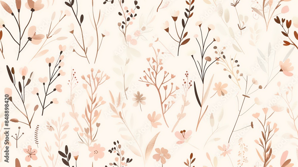 Wall mural charming hand-drawn flora in soft pastel light pink, cream, and brown, seamless pattern - Wall murals