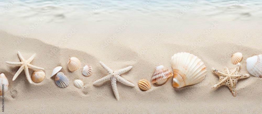 Poster natural textured background featuring seashells and starfish imprints on a sandy beach with copy spa