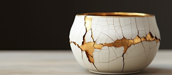 Japanese pottery with gold restoration cracks using Kintsugi technique highlighting imperfections with a distinctive charm in the copy space image