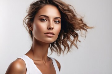 Fototapeta premium An attractive young woman with windblown hair poses against a grey background, looking effortlessly chic