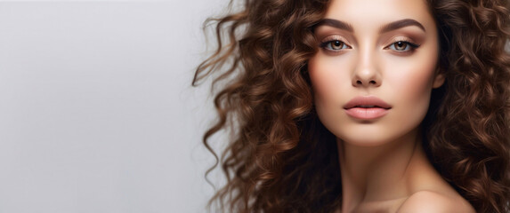 Fototapeta premium This portrait captures a curly-haired woman with a soft and appealing look, evoking a sense of tenderness and beauty