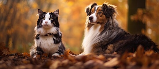 Obraz premium Australian Shepherd and a black cat surrounded by autumnal vibes in a nature setting with a dark and light color contrast perfect for a copy space image